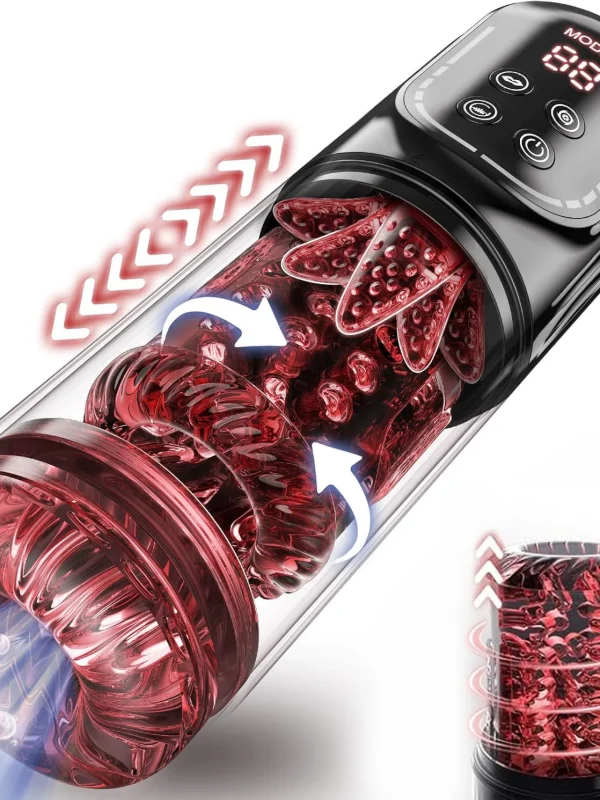 Automatic male Masturbator Pocket Cat 7 push Rotary vibration Suck Lick Stroking vacuum pump and LCD Screen Penis pump Adult toy