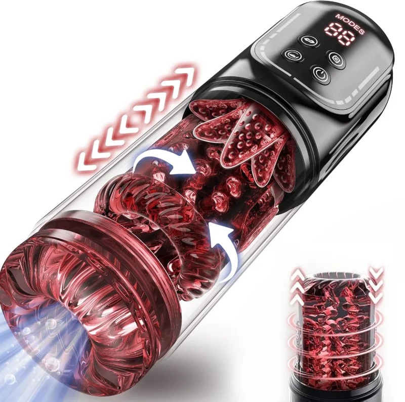 Automatic male Masturbator Pocket Cat 7 push Rotary vibration Suck Lick Stroking vacuum pump and LCD Screen Penis pump Adult toy