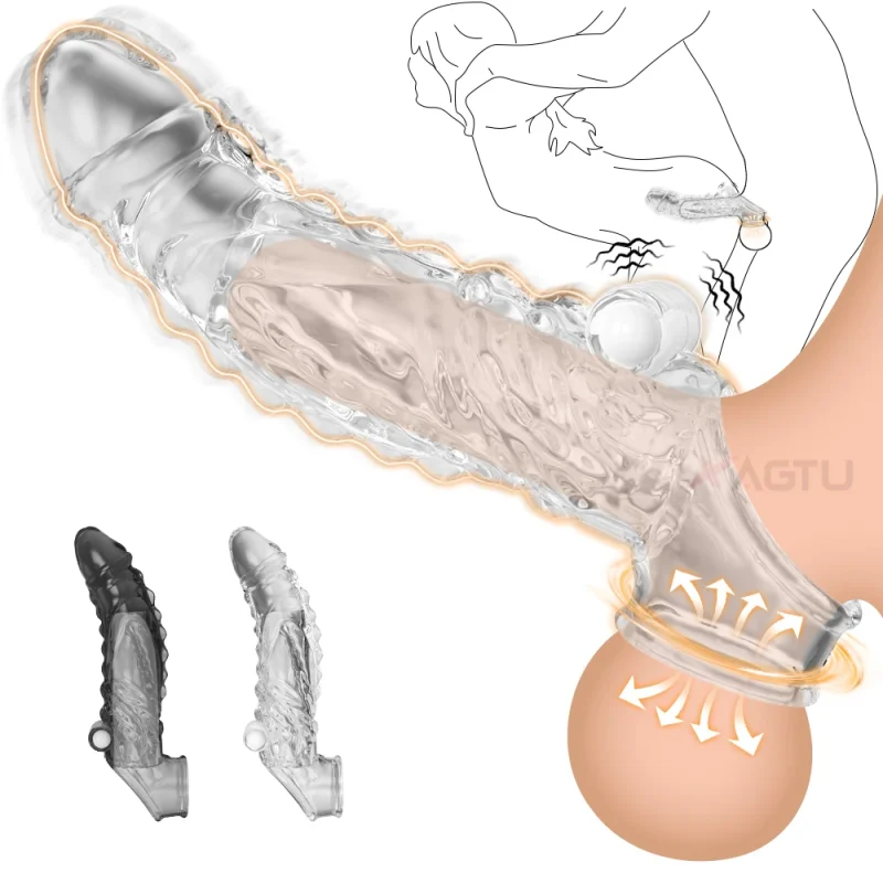 Reusable Penis Enlargement Vibrator Penis Extender Sleeve Sex Toys For Men Adult Delay Ejaculation Cock Ring Vibrator Condom